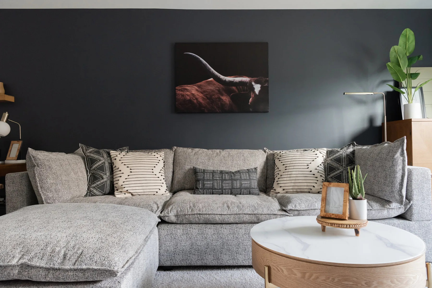 Charcoal media wall with grey sectional, Fight Light project