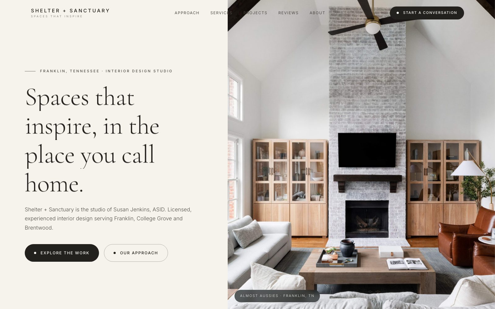 The new Shelter + Sanctuary Interior Design Studio homepage concept